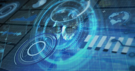 Spinning holographic Earth projection hovering over blue grid, with concentric rings and bar charts