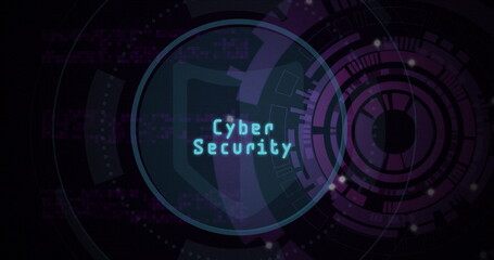 Pixelated Cyber Security within glowing cyan circular frame pulsing in digital UI, with UI elements