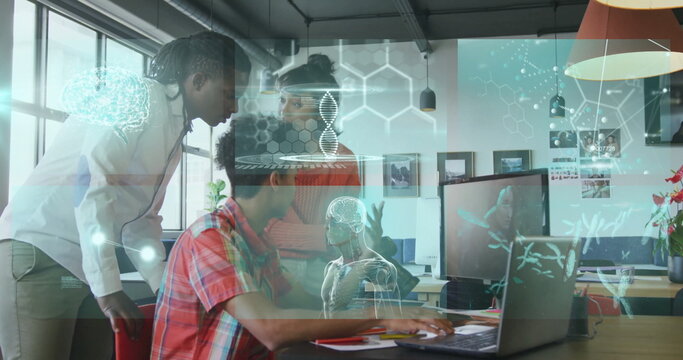 Collaborating professionals discussing research in office with laptop and holographic projections