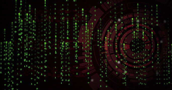 Displaying virtual system showing cascading green binary code in cyberspace, with red HUD elements