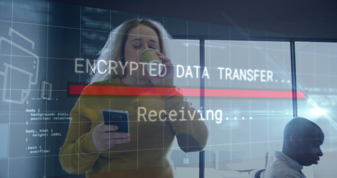 Woman in yellow sweater holding smartphone and sipping coffee at office window, with data overlay