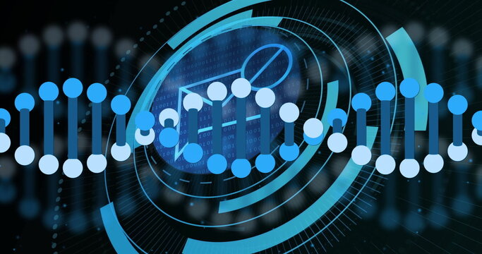 Displaying stylized DNA helix in virtual interface, with HUD rings, binary streams and radial grids