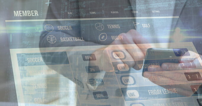 Tapping mature businessman checking sports dashboard in office, with phone menu tabs and live stats