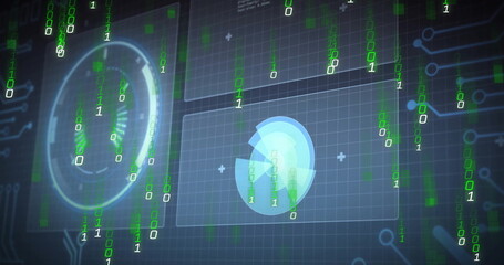 Projecting HUD element floating in control interface, with binary code streams, panels, grid