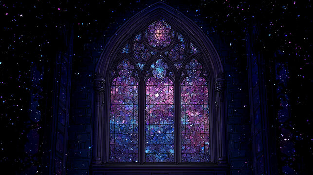 A stained glass window in a dark room, depicting a night sky filled with a galaxy of stars in shades of purple, blue, and pink, all in a gothic style.