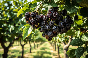 A close-up view of a bountiful harvest of fresh dark blackberries adorning a branch with vibrant green leaves set against a softly blurred background of an orchard