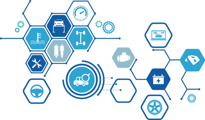 Car and auto repair vector illustration. Concept with icons related to car service and inspection, motor check, oil change, automotive maintenance, vehicle or automobile repair shop.