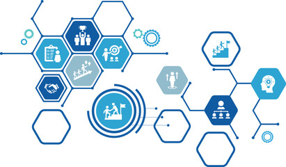 Leadership vector illustration. Banner with icons related to corporate company management