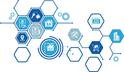 Real estate vector illustration. Concept with connected icons related to property sales and listings, realtor agency and contractor, residential property, investment, housing project