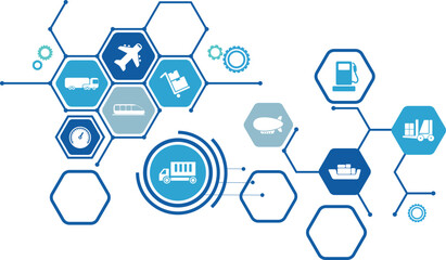 transportation and supply chain vector illustration. Abstract concept with world map background and connected icons related to international import and export, distribution.