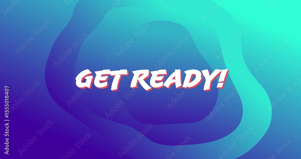 Poster featuring stylized text get ready! glowing over digital design, with layered wave patterns