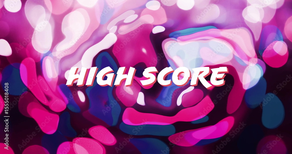 Poster displaying bold high score text over fluid gradient shapes in digital graphic, with bokeh effect