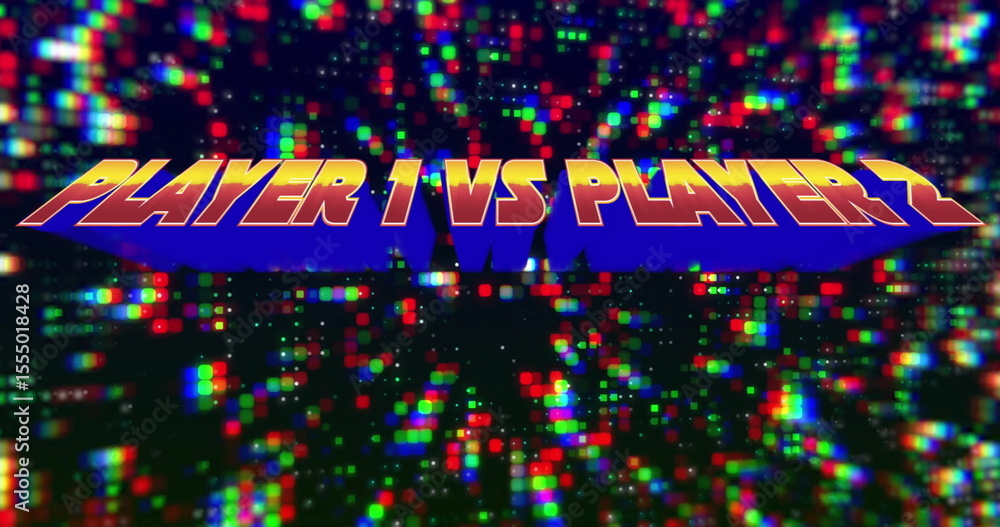 Poster floating bold 3d text reading player 1 vs player 2 on arcade interface, with multicolored pixels