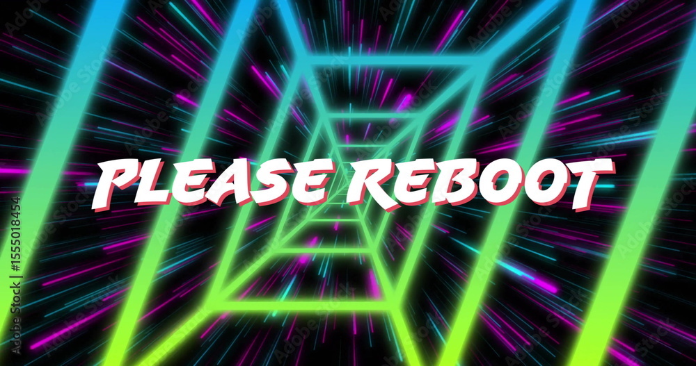 Aufkleber displaying bold 3d please reboot text glowing inside neon tunnel, showcasing futuristic interface