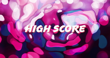 Displaying bold HIGH SCORE text over fluid gradient shapes in digital graphic, with bokeh effect