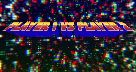 Floating bold 3D text reading PLAYER 1 VS PLAYER 2 on arcade interface, with multicolored pixels
