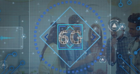 Researchers analyzing holographic 6G display in lab, with circuit graphics and stethoscope