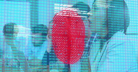 Scanning mid adult office worker verifying identity at desk, with laptop and fingerprint graphic