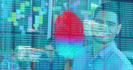 Projecting two-tone fingerprint hologram over code streams in blue-lit lab, with masked technician