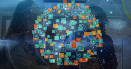 Two colleagues holding smartphone and examining holographic globe in tech lab, with network icons