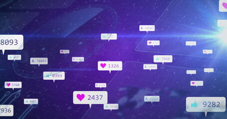 Floating notification bubbles displaying heart, thumbs-up, follower counts over cosmic backdrop