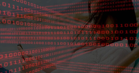 Woman wearing white shirt holding smartphone in dim room, with red binary code overlay, copy space