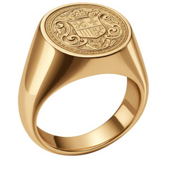 A detailed view of an ornate gold signet ring featuring a crest design, ideal for jewelry showcases