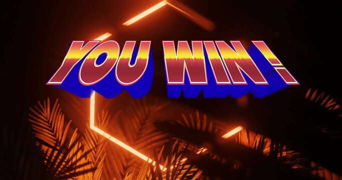 Glowing neon text YOU WIN! shining on dark digital stage, with hexagon frame and palm leaves