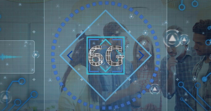 Researchers analyzing holographic 6G display in lab, with circuit graphics and stethoscope - Powered by Adobe