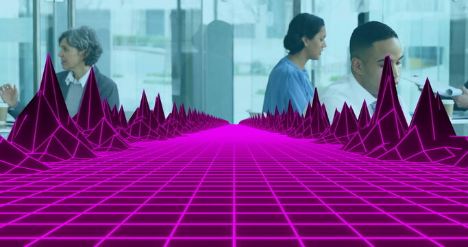 Sweeping neon purple peaked wireframe grid spanning glass conference room floor, with professionals