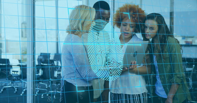 Examining four professionals using tablet projecting fingerprint hologram at glass wall in office