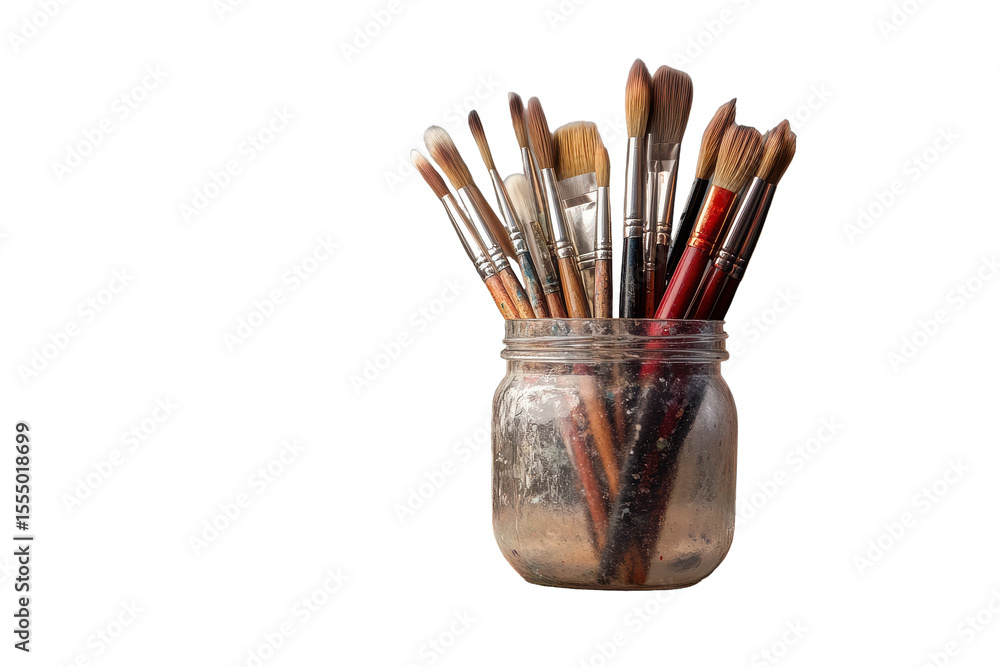 Poster artists palette with paintbrushes assembled in a glass jar on a colorful, paint-stained table in a c