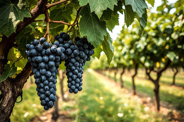 Fototapeta premium Two lush bunches of deep purple grapes are in sharp focus hanging from a thick vine The background reveals a blurred vineyard with rows of grapevines under a bright sky