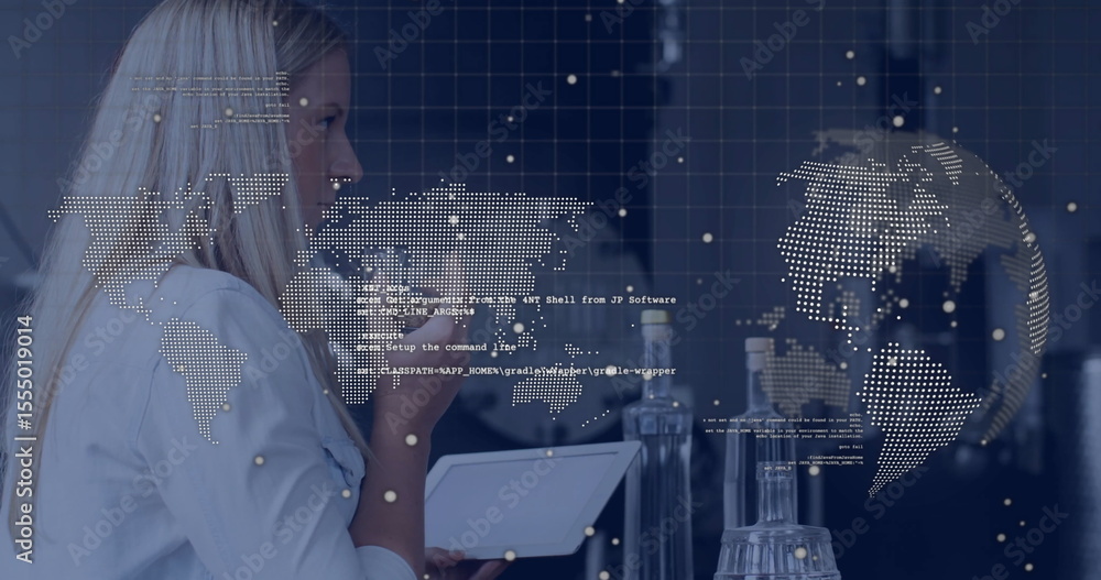 Poster analyzing data on tablet, woman viewing image with digital world map overlay