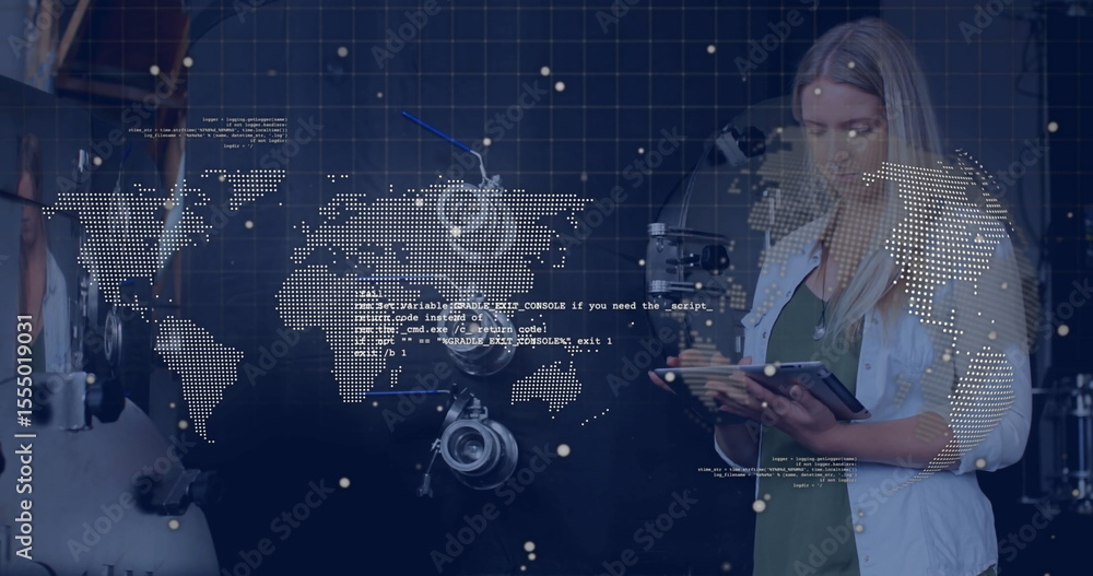 Poster woman using tablet with digital world map and data processing image