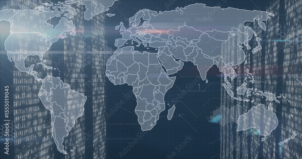 Poster world map with digital data processing image over skyscraper background