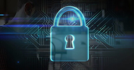Displaying blue glowing padlock icon in virtual circuit board interface, with dark shirt silhouette