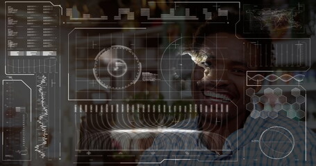 Smiling man wearing striped shirt scanning HUD data behind bar, with holographic globe, copy space