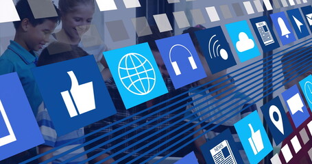 In office, image icons overlaying diverse group collaborating on project