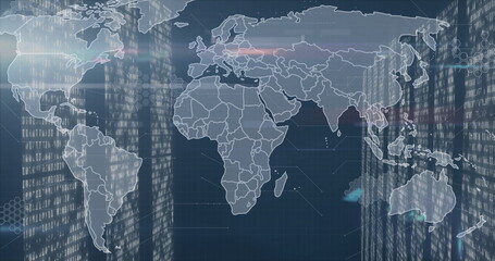 World map with digital data processing image over skyscraper background