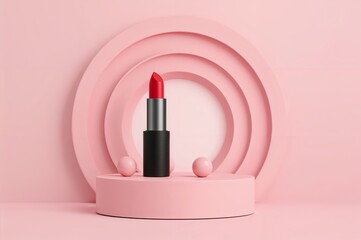 A red lipstick on a pink pedestal with pink circles and spheres in a studio setting for promotion