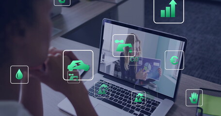 Image conferencing, person analyzing environmental data with digital icons on screen