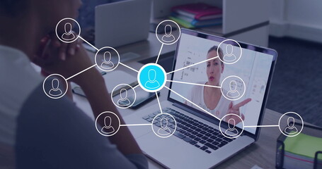 Participating in virtual meeting, person connecting with network on laptop screen