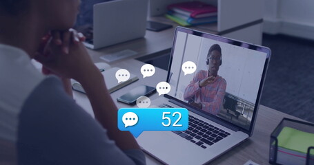 Image chatting on laptop, person seeing message notifications on screen