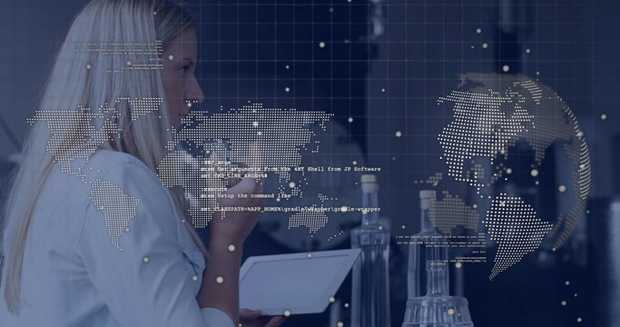 Analyzing data on tablet, woman viewing image with digital world map overlay - Powered by Adobe