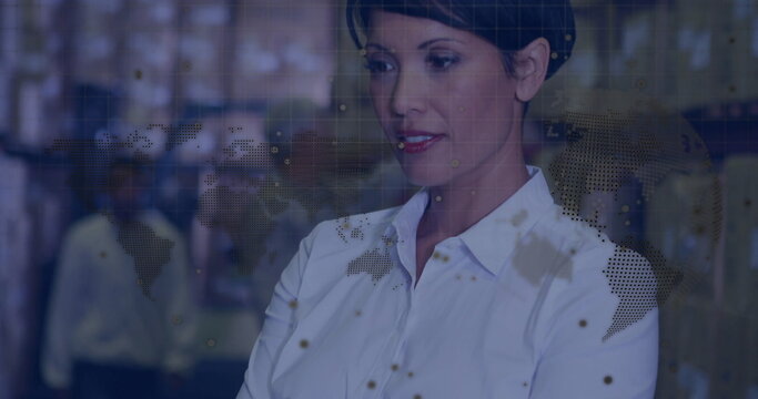 Supervisor wearing white shirt pants crossing arms in warehouse aisle, with map overlay, copy space