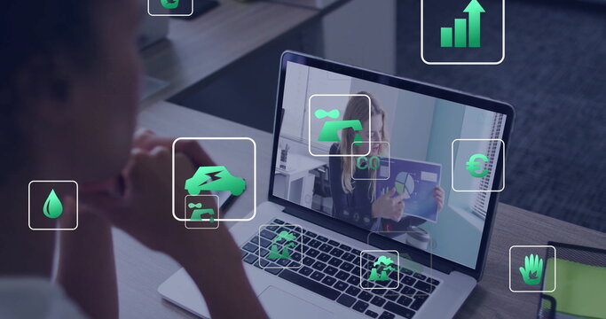 Image conferencing, person analyzing environmental data with digital icons on screen - Powered by Adobe