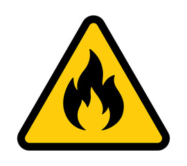 Flammable material hazard warning sign – ISO 7010 yellow triangle with black flame icon indicating fire or combustion risk
