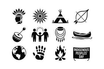 Indigenous culture symbols including headdress sun teepee canoe and more indigenous people