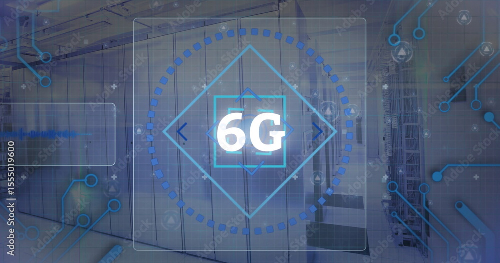 Poster in data center, digital interface showing 6g technology concept with image